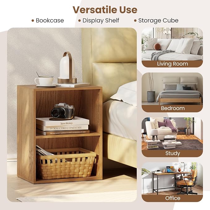 2 Cube Storage Organizer, 21" Small Bookcase with 5-Position Adjustable Panel, Under Desk Bookshelf, Modern Display Shelf, Wooden Cube Shelf for Home Office Bedroom (Natural)