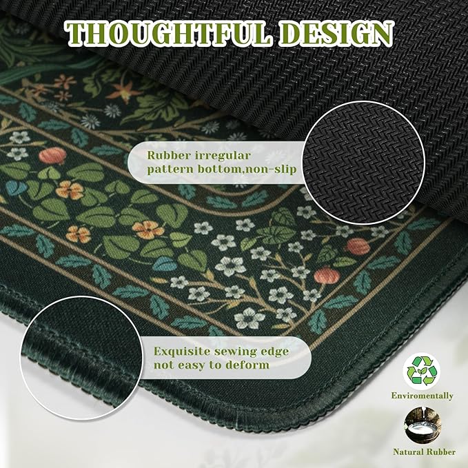 iCasso Aesthetic Floral Desk Mat, L Mouse Pads, Anti-Slip Mousepad with Stitched Edges, Waterproof Computer Pad 11.8"x31.5", Desk Accessories Office Decor for Women(Retro Green)