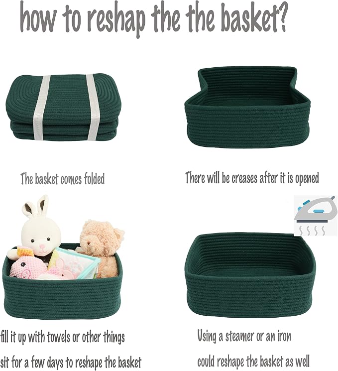 XUANGUO Small Woven Storage Baskets 12“X8”X5“ Decorative Rope Bins for Organizing Shelves, Closets, and Toys, Empty Gift Baskets, Cute Organizer Basket for Home and Office (dark green, regular)