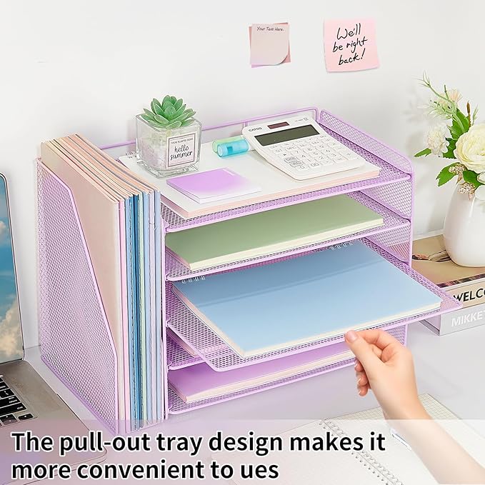 OPNICE Desk Organizer, 5-Tier Paper Organizer Letter Tray with Magazine Holder, Office Desk Accessories & Workspace Organizers, Desktop File Organizer for Office Supplies Storage, Purple