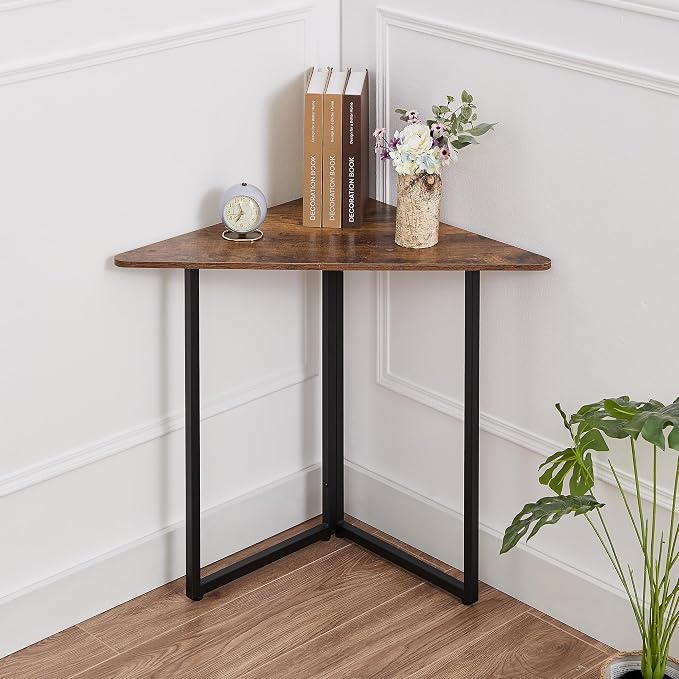 VECELO Ϲоrnеr Shelf, End/Side Tables Ϲоrnеr Computer Desk Storage Shelf for Small Space Triangle Steel Frame Ϲоrnеr Shelves with Metal Frame, Living Room, Bathroom, Brown 31.1"