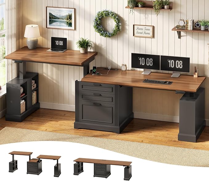 SEDETA Standing Two Person Desk, 98.4'' Farmhouse Long Computer Desk with 3 Drawers, Storage Cabinet, Electric Height Adjustable 2 Person Desk with Power Outlets for Home Office, Black+Brown