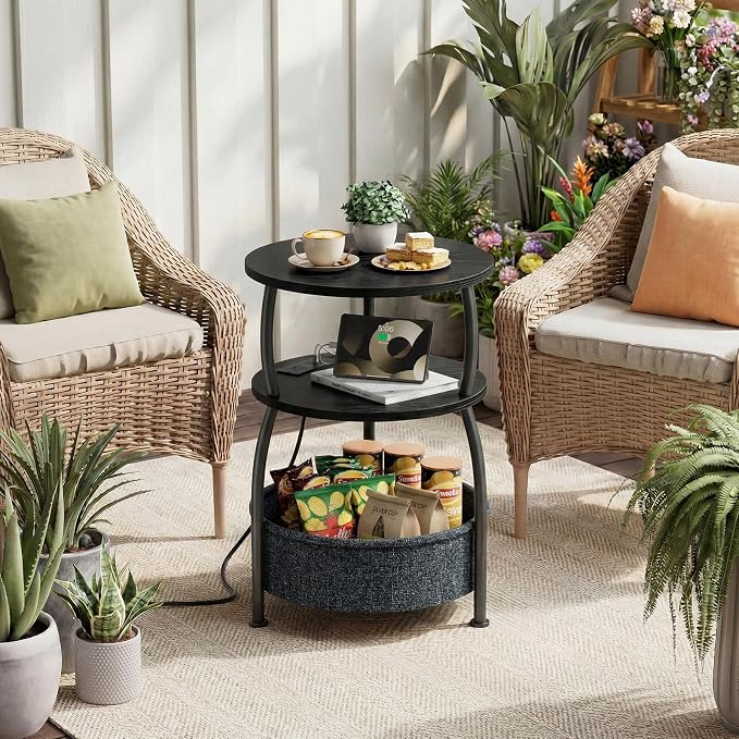 Small Side Table with Charging Station and Type C, Small Coffee Table with Basket, Space Saving End Table 3-Tier Bedside Corner Table Stand for Living Room, Bedroom, Garden 15.75in Classic Black
