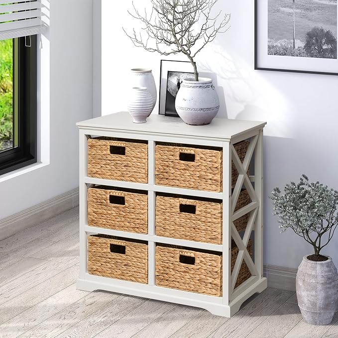 eHemco Hampton Meadows 3 Tier X-Side End Storage Cabinet with 6 Wicker Baskets, White