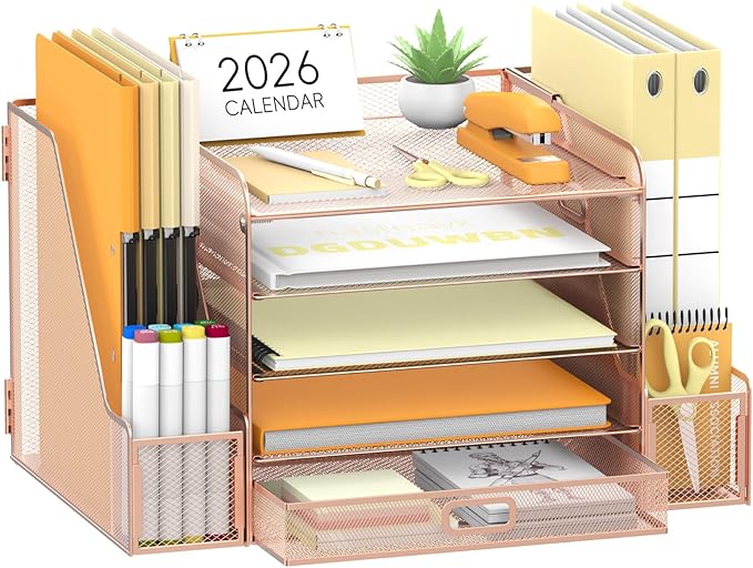SUPEASY Mesh Desk Organizer with File Holder, 5-Tier Paper Letter Tray Organizer with Magazine Holder, Desktop Organizer and Storage with Drawer for Office Supplies Home or School (Rose Gold)