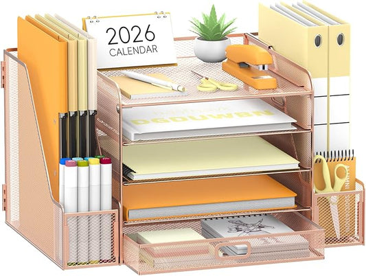 SUPEASY Mesh Desk Organizer with File Holder, 5-Tier Paper Letter Tray Organizer with Magazine Holder, Desktop Organizer and Storage with Drawer for Office Supplies Home or School (Rose Gold)