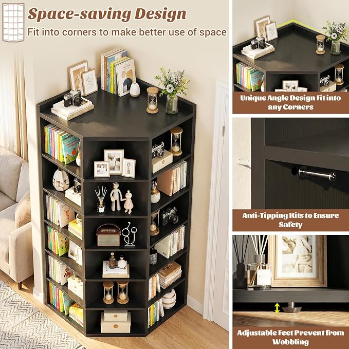 Aheaplus 7-Tier Wooden Corner Cube Bookshelf, Corner Storage Cabinet with 18 Cubes, Corner Cube Organizer Display Shelf with Top Table, Modern L Shaped Cubby Bookcase for Home Office, Black