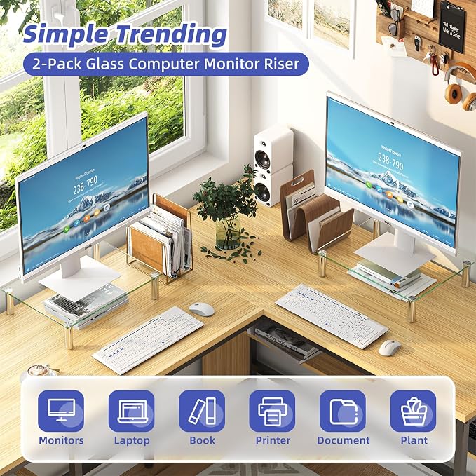 Simple Trending 2 Pack Tempered Glass Monitor Riser, Height Adjustable Desktop Stand for Laptop Printer TV
