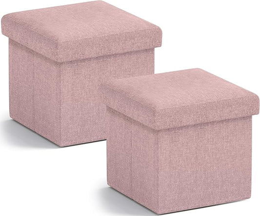 Ornavo Home Small Storage Ottoman, Set of 2 Foldable Collapsible Cube Square Linen Ottoman Foot Rest Stool Seat, for Living Room, Bedroom, Home Office, Dorm - 12 x 12 x 12, Pink