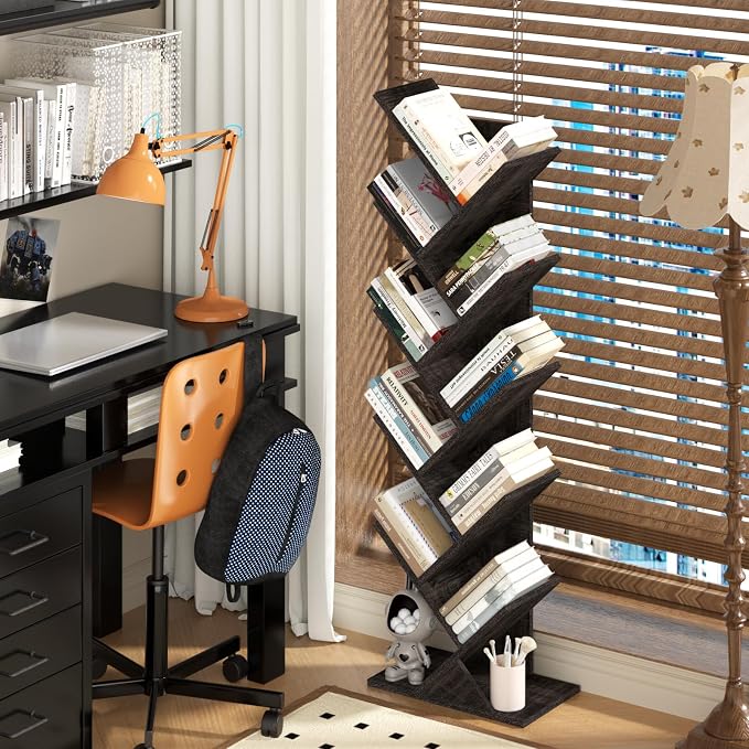 SHEEPAM 10 Tier Tree Book Shelf, Floor Standing Wood Bookshelf for Narrow Space, Storage Organizer Bookshelves for Books/CDs/Magazine, Bookcase with Shelves for Home Office, Living Room - Dark Grey