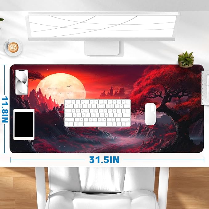 Gaming Desk Mat with Silky Smooth Surface & Exquisite Patterns,31.5x11.8 Inches Large-Sized Mouse Pad, Perfect for Extended Gaming,Work,and Home Office Decor (Full Moon 2)