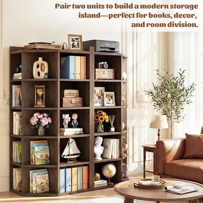 Aheaplus 6-Tier Corner Cube Bookshelf with Power Outlets, Wooden Corner Storage Cabinet with 15 Cubes, Corner Cube Organizer Shelf with Top Table, L Shaped Cubby Bookcase for Home Office, Black Walnut