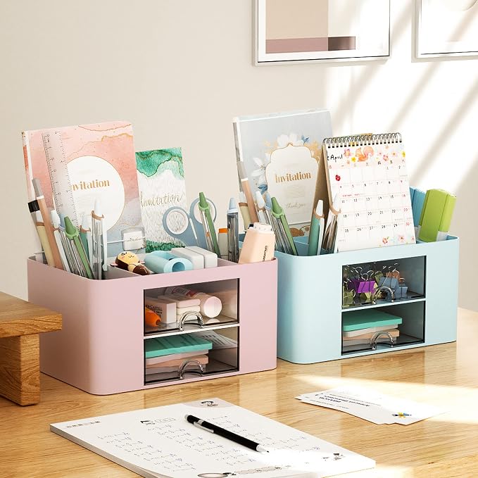 Marbrasse Pen Organizer with 2 Drawer, Multi-Functional Pencil Holder for Desk, Desk Organizers and Accessories with 5 Compartments + Drawer for Office Art Supplies (Pink)