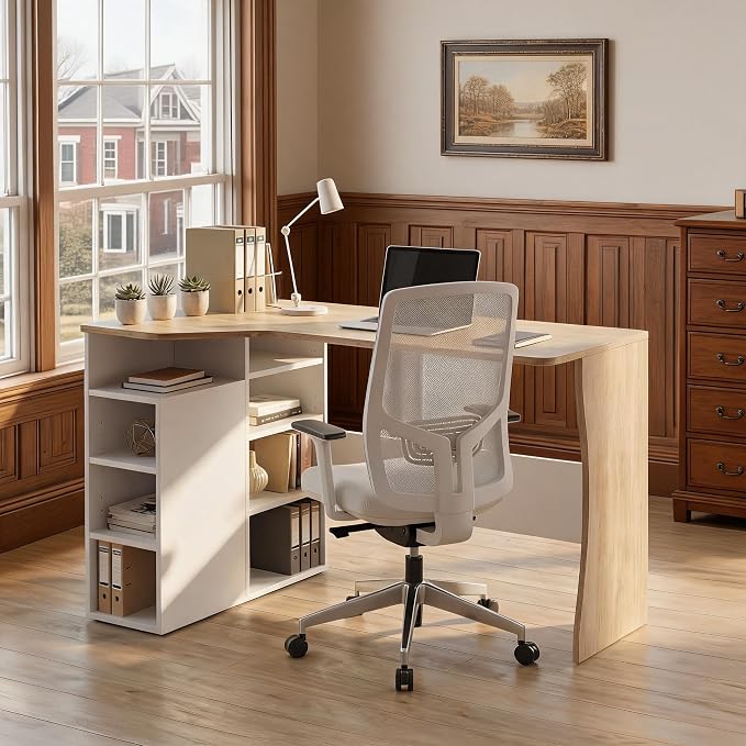 IDEALHOUSE L Shaped Desk with Storage Shelves, Small Corner Desk for Small Spaces, Reversible Table with 3 Tier Shelves, Home Office, Writing Study Gaming Desk Oak Wood
