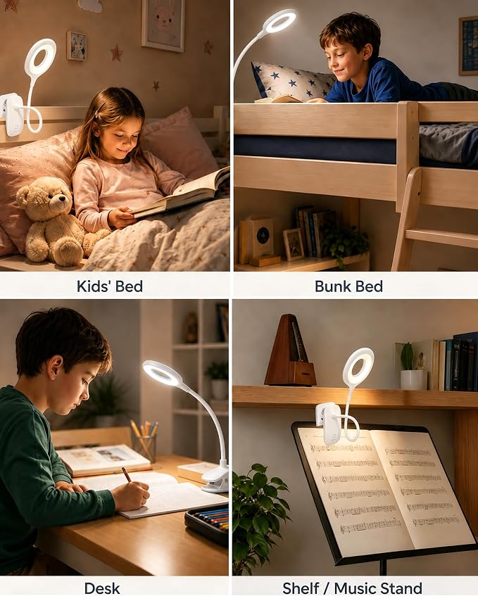 Clip On Reading Light for Bed Headboard, USB Rechargeable Cordless Clamp Lamp for Dorm Room Essentials, Touch Dim, 3 Colors, Eye Protect LED Desk Lamp for College Dorm Room, Gooseneck,White