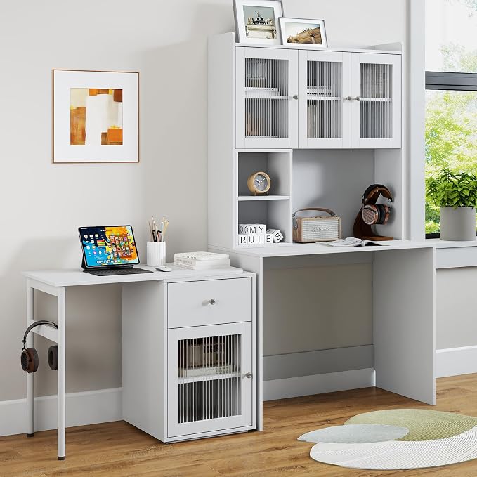 Computer Desk with Hutch and Rotating Desktop, White Corner Study Desk with Glass Door Storage Cabinets and Fold Out Shelf for Home Office, Craft Cabinet with Fold Out Table (White)