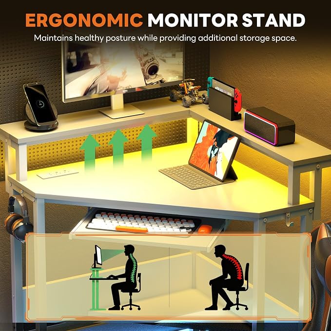DUMOS Conner Desk Home Office Computer Desk for Small Space with LED Lights Gaming Table with Storage Shelves Power Outlets Monitor Stand Keyboard Tray for Bedroom, White