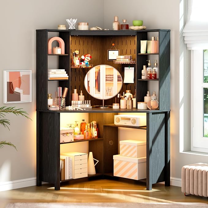 Corner Desk with Shelves-&LED Reading Light,Triangle Home Office Desk w/Charging Station for Work & Study,File Cabinet Storage Bookshelf for Small Space （Black）