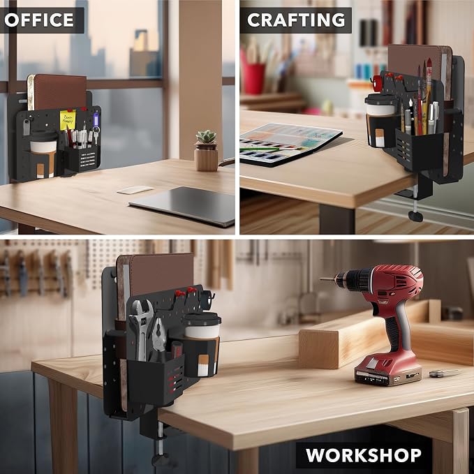 Mount-It! Desk Mounted Pegboard Organizer with 360° Rotation | Includes Cup Holder, Pen Holder, Hooks & Magnets | Clamp-on Desk Storage for Home Office, Workshop, Crafting Station (Black)