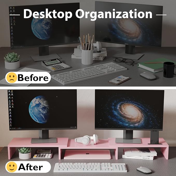 BONTEC Dual Monitor Stand Riser with Smartphone Holder, Adjustable Length & Swivel Angle, Ergonomic Wooden Desktop Organizer for PC Monitor, Laptop, Printer, Large Storage, Pink