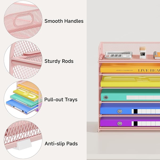Cawukege 6 Tier Paper Organizer, Pink Letter Tray with Handle, Mesh Desk Organizer, Metal File Organizer, Office Desk Accessories for Home, Office, Classroom, School