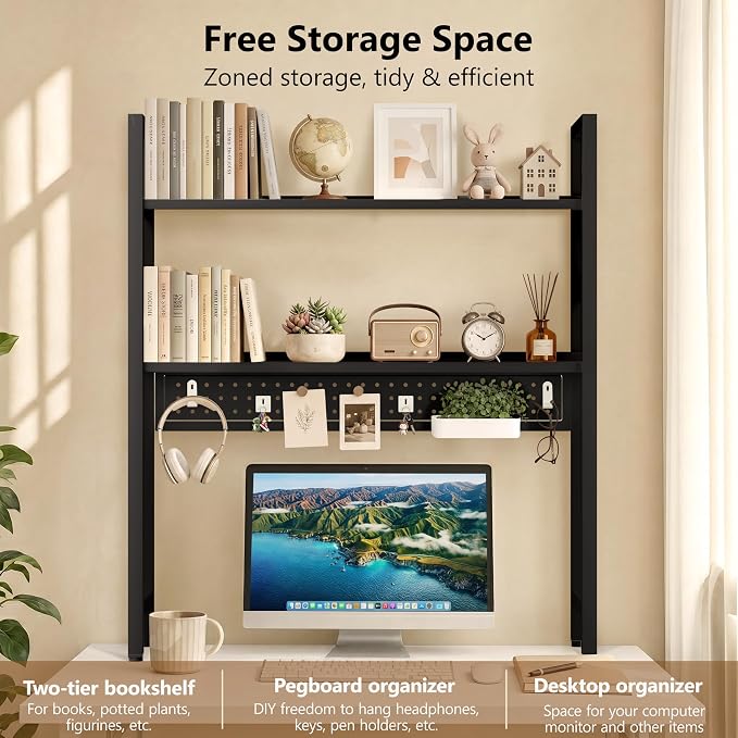 Brakki 2-Tier Desk Shelf, Desk Hutch Bookshelf, Desktop Shelf Bookcase with Pegboard and Hooks for Computer Monitor, Metal Desktop Hutch Storage Organizer for Dorm Home Office, 30" W， Black