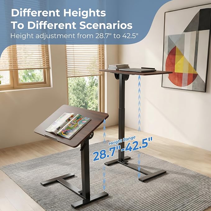 DUMOS Adjustable Rolling Desk, Mobile Overbed Bedside with Hidden Wheels, Portable Laptop Standing Desks Computer Workstation for Bed Sofa Couch, Chocolate
