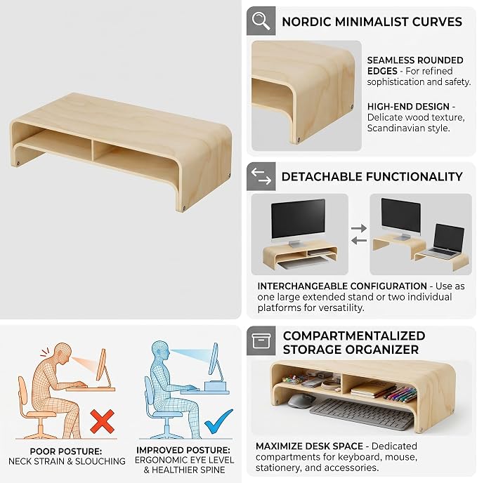 APRTAT Wood Monitor Stand Riser, Solid Woodon Dual Monitor Riser with Storage, 2-Tier Natural Monitor Riser with Storage, Computer Stand Keyboard Organizer