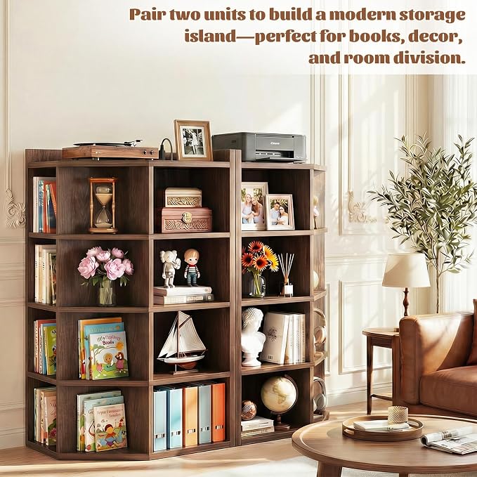 Aheaplus 5-Tier Corner Cube Bookshelf with Power Outlets, Wooden Corner Storage Cabinet with 12 Cubes, Corner Cube Organizer Shelf with Top Table, L Shaped Cubby Bookcase for Home Office, Black Walnut