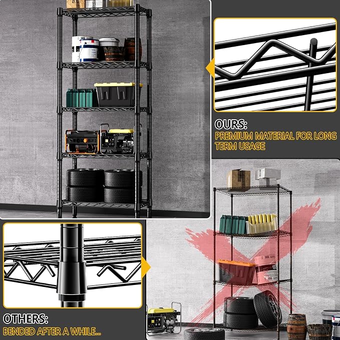 M MZG 1250 lbs 5 Tier Shelf Metal Storage Shelves Wire Rack Closet Organizers for Garage Kitchen Bathroom Laundry Black 11.8" D x 23.6" W x 59.5" H