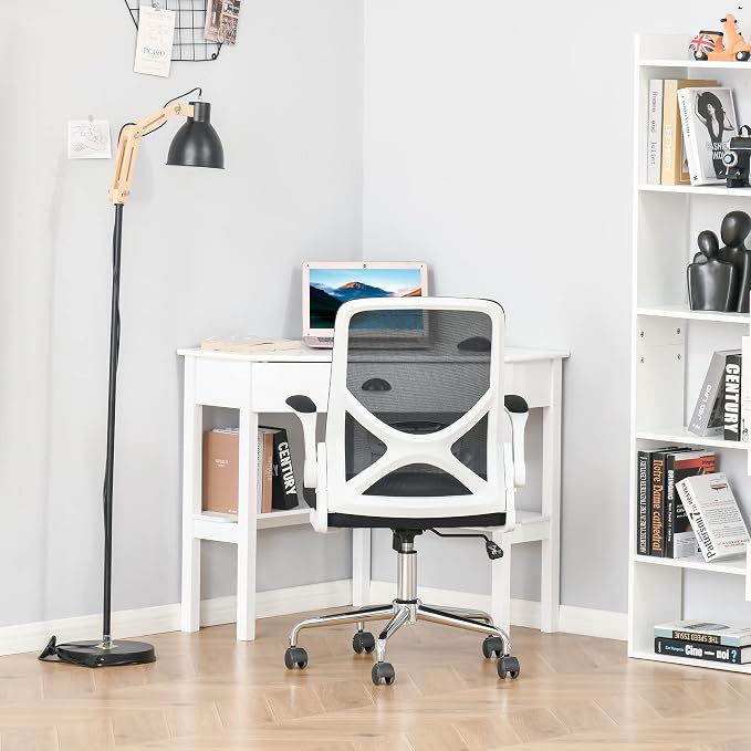 HOMCOM Corner Desk, Triangle Computer Desk with Drawer and Storage Shelves for Small Spaces, Home Office Workstation for Living Room, or Bedroom, White