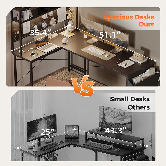 Mericonia 51 inch Large L Shaped Desk with Pegboard Hutch & Shelves, Corner Gaming Desk with Power Outlet, LED Light & Storage Bag, Reversible Computer Desk for Home, Bedroom, Office Workspace, Black