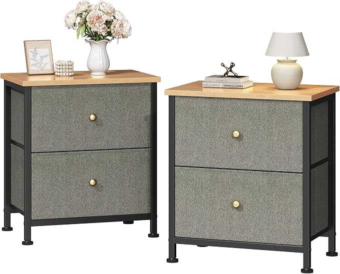 DUMOS Night Stands Set of 2, Bedside Table for Bedroom, Small Dresser | Side/End Table with 2 Fabric Drawers, Storage Cabinet Furniture, 20 Inch Night Stand for Closet, Entryway, Ink Green 2Pack