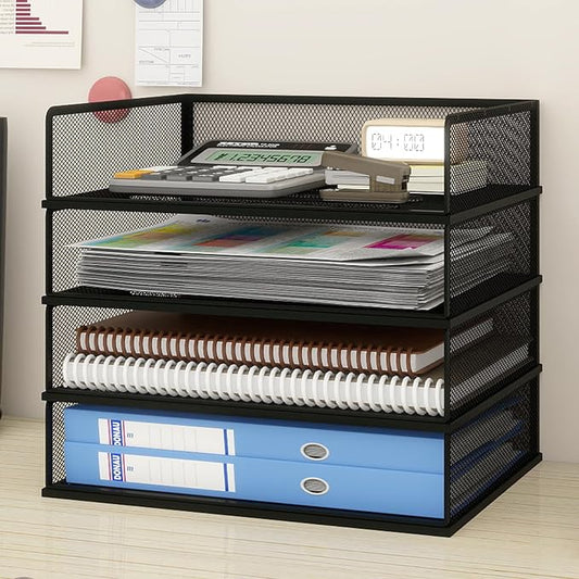 Natwind 4 Tier Letter Trays, File Trays for Desk Stackable,Desktop Paper Organizers for Office Supplies, Metal Mesh File Organizer，Office Organizer，Letter Trays for Home, Office, School，Black