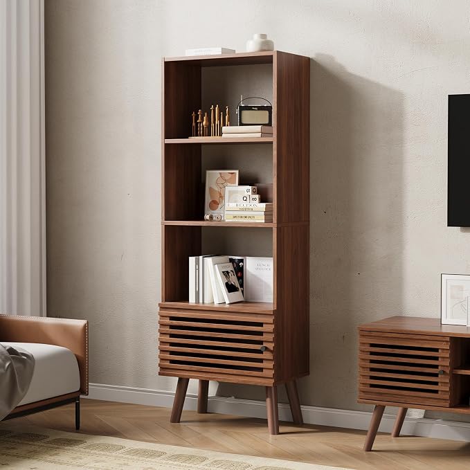 Furnify Small Narrow Corner Bookcase, 55" H Mid Century Modern Bookshelf with Slatted Door, 4 Cube Bookcase with Open Shelf, Display Storage Cabinet for Living Room, Home Office, Walnut