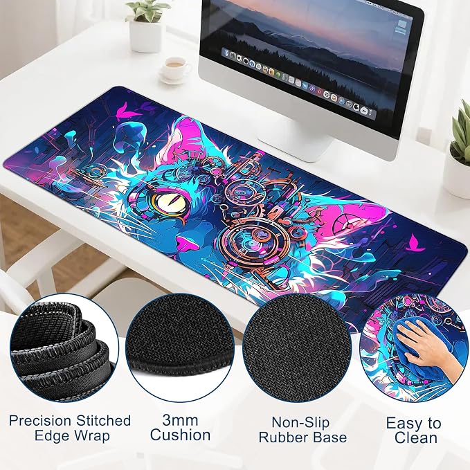 Gaming Desk Mat with Silky Smooth Surface & Exquisite Patterns,31.5x11.8 Inches Large-Sized Mouse Pad, Perfect for Extended Gaming,Work,and Home Office Decor (Cool Cat Head 2)
