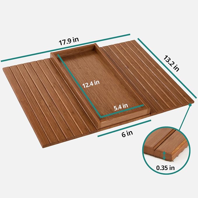 DETOR Couch Arm Tray with Spacious 12.4" x 5.4" Storage Box, Acacia Stained Bamboo Finish, Enhanced Non-Slip Felt Bottom, Sturdy Bamboo Slats, Fits Armrests 6" and Wider