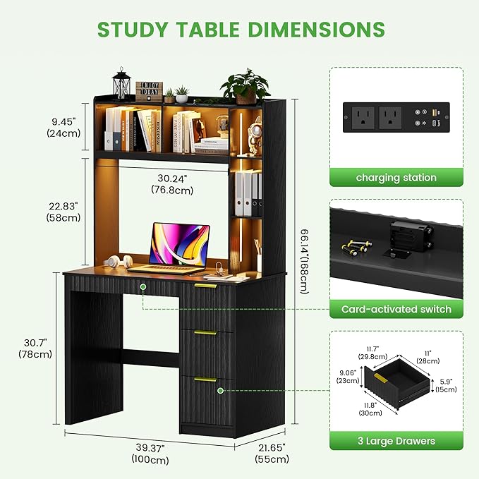 Modern Smart LED Study Desk with Hutch & Storage Cabinet - 3 Color LED Lighting, Card-Based Lock & USB Charging Ports, Multipurpose Computer Desk for Home Office & Student,Black