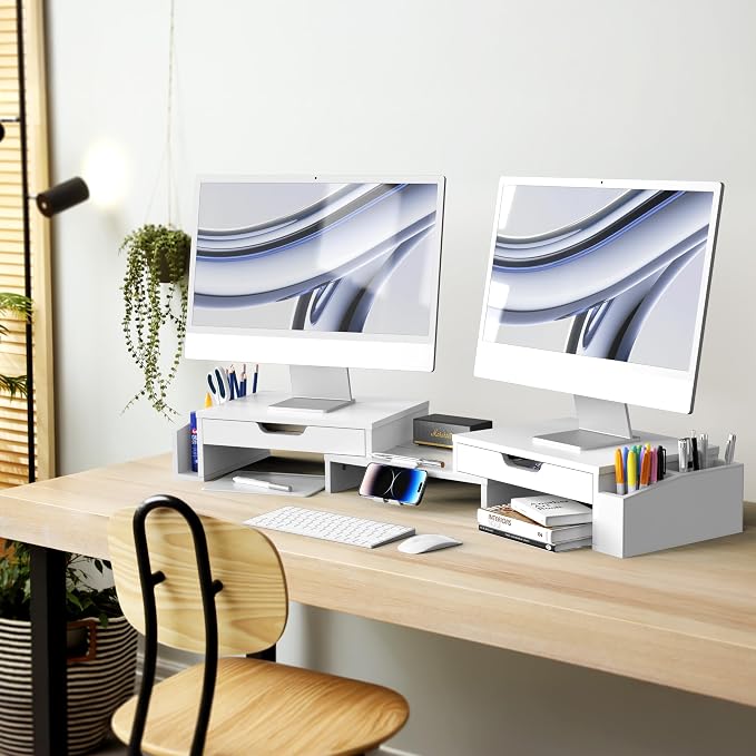 Simple Houseware Desk Dual Monitor Stand Riser with Pull-Out Drawers, White