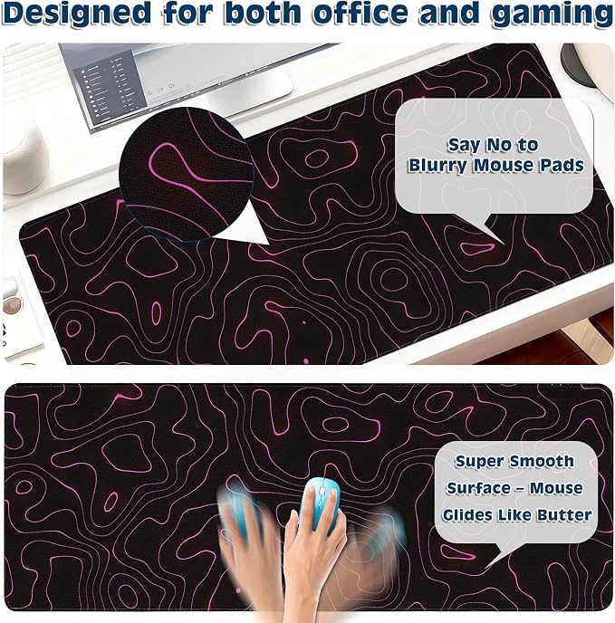 Gaming Desk Mat with Silky Smooth Surface & Exquisite Patterns,31.5x11.8 Inches Large-Sized Mouse Pad, Perfect for Extended Gaming,Work,and Home Office Decor (Red Topographic Lines)