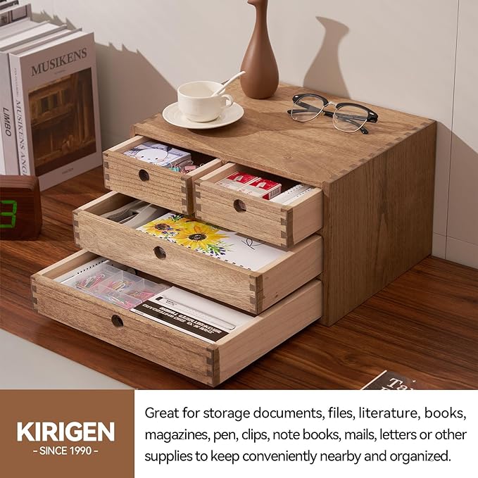 KIRIGEN Wood Desktop Storage Cabinet with 4 Drawers, 3-Tier Desk Organizer for Letter-Size Paper, Mail, Home Office Supplies, Makeup, Crafts, Desk or Countertop, Fully Assembled, Brown WJG34-DBR
