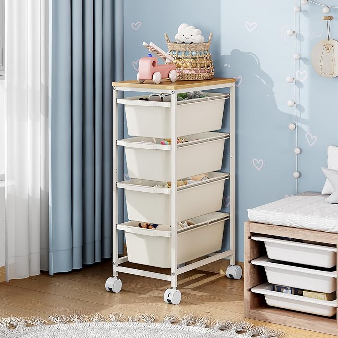 Rolling Storage Cart with 4 Drawers, Craft Organizer, Wooden Tabletop Utility Cart for Bedroom, Children's Room and Office Organization, Table Side Trolley with Lockable Wheels, White