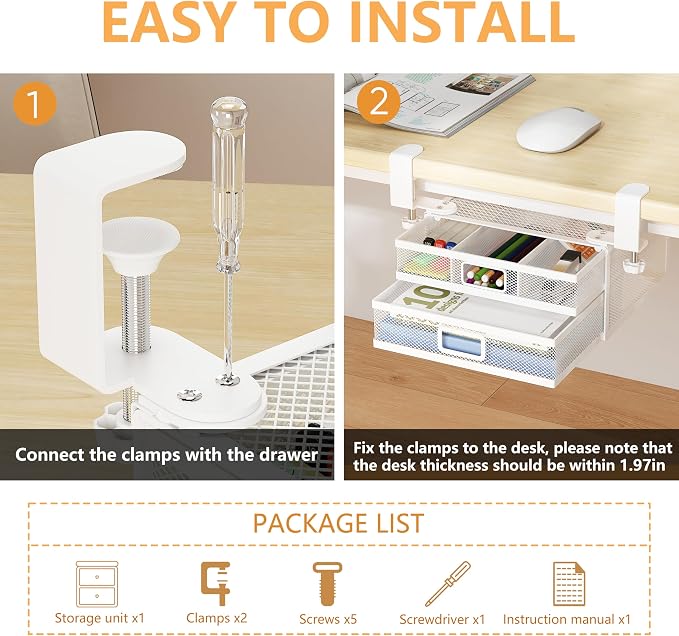 Sliding Under Desk Drawer Organizer No Drilling 2 Drawers Slide Out Desktop Or Under Table Storage Metal Clamp On Desk Drawer Attachment Small Desktop Organizer for Home & Office, White