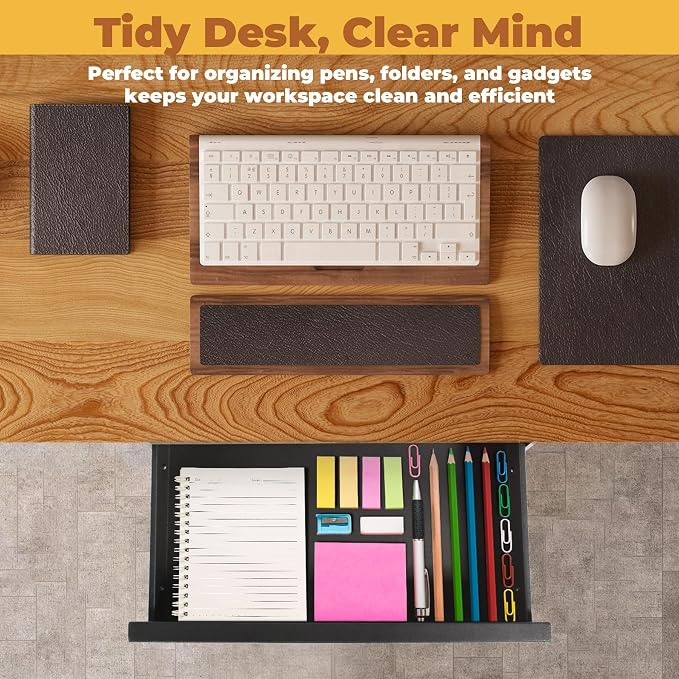POPMOON 16.6" Under Desk Drawer, Adjustable Pull-Out Storage Organizer | Carbon steel drawer with 5 height settings, smooth slide rails, fits flat wooden and standing desks, supports up to 33 lb