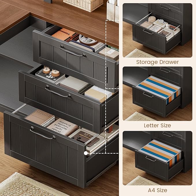 SEDETA Farmhouse L Shaped Computer Desk, 59'' Wood Office Desk with 3 Drawers and 5-Tier Bookshelf, Corner Desk with Storage Shelves and Power Outlet for Home Office Small Space, Black + Brown