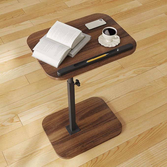 Side Table Sofa Tv Tray Height Adjustable C Shaped End Table 360° Swivel Overbed Living Room Couch Table, Walnut