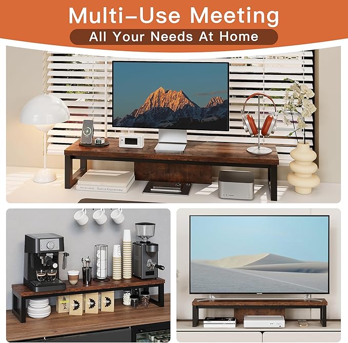 Dual Monitor Stand Riser, Wood and Steel Monitor Riser, Long Computer Monitor Stands for 2 Monitors, Desk Shelf for Computer, Laptop, Printer, TV, Brown