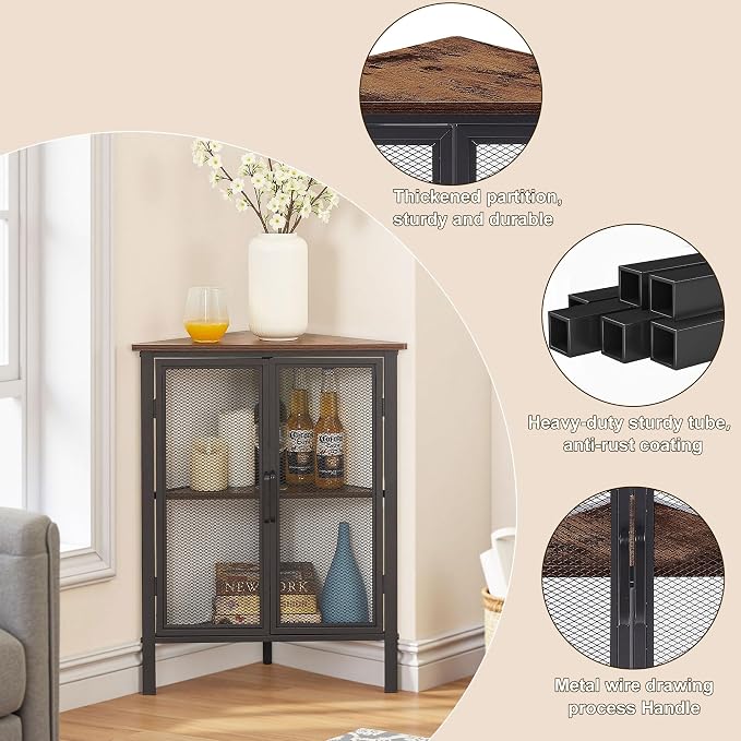 VECELO 3-Tier Corner Table,Cabinet with Mesh Door,Corner Shelf Stand,Metal Frame Storage Shelf Organizer Display Shelves for Wall Corner,Living Room,Bedroom Kitchen,Bathroom