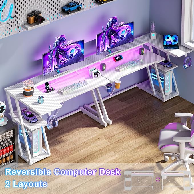 Korfile 47 Inch White Gaming Desk with Power Outlet & LED Lights, Corner Computer Desk with 3 Tiers Storage Shelves, L Shaped Gaming Desk with Monitor Stand for Bedroom