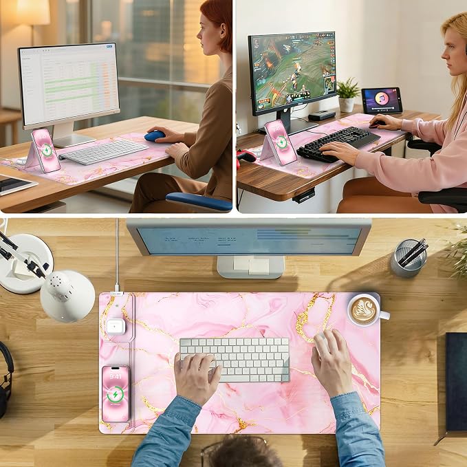 Wireless Charging Mouse Pad with Foldable Phone Holder, 31.5"x15.8" Large Desk Mat for Laptop/Keyboard, Waterproof Ultra-Smooth Surface, Non-Slip Base, Pink Marble
